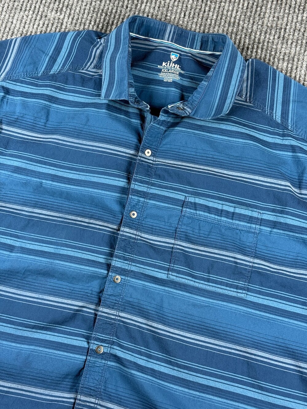 Kuhl Button Up Men XXL Short Sleeve Blue Striped Born In The Mountains Snap Btns